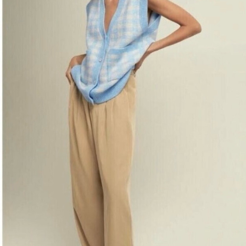 Zara Cardigan Vest Gingham Blue Cream V-Neck Crystal Glass Sweater S Small - Picture 2 of 10